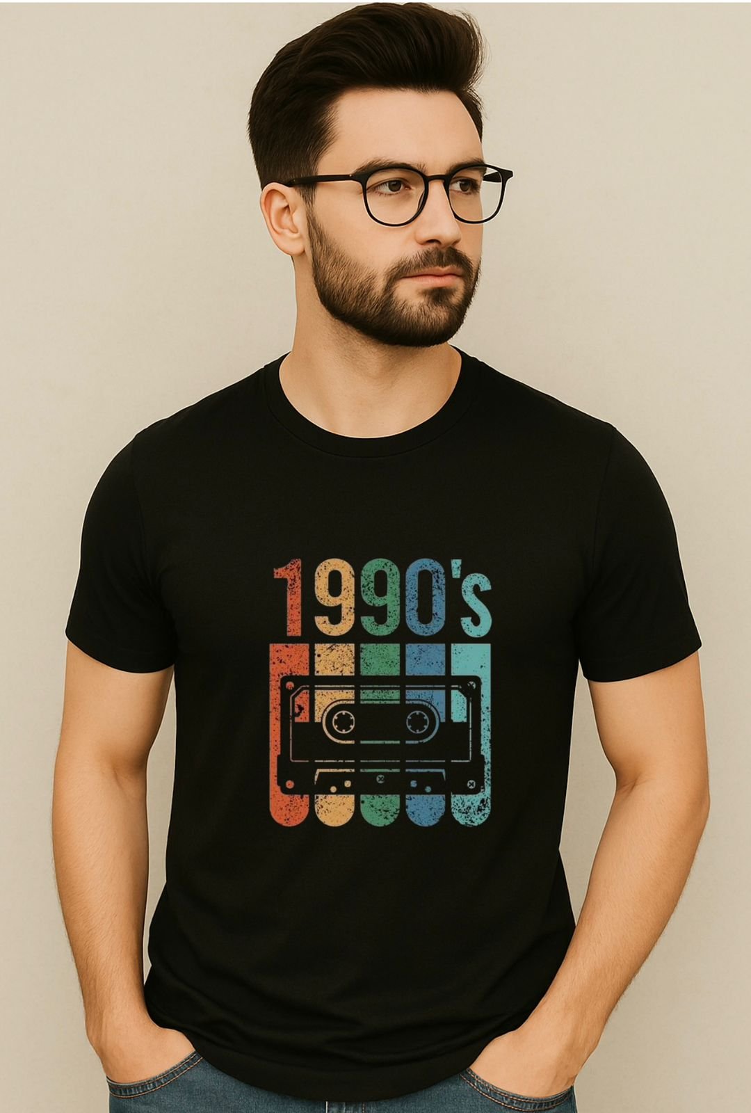 round neck tshirt design features the text "1990"